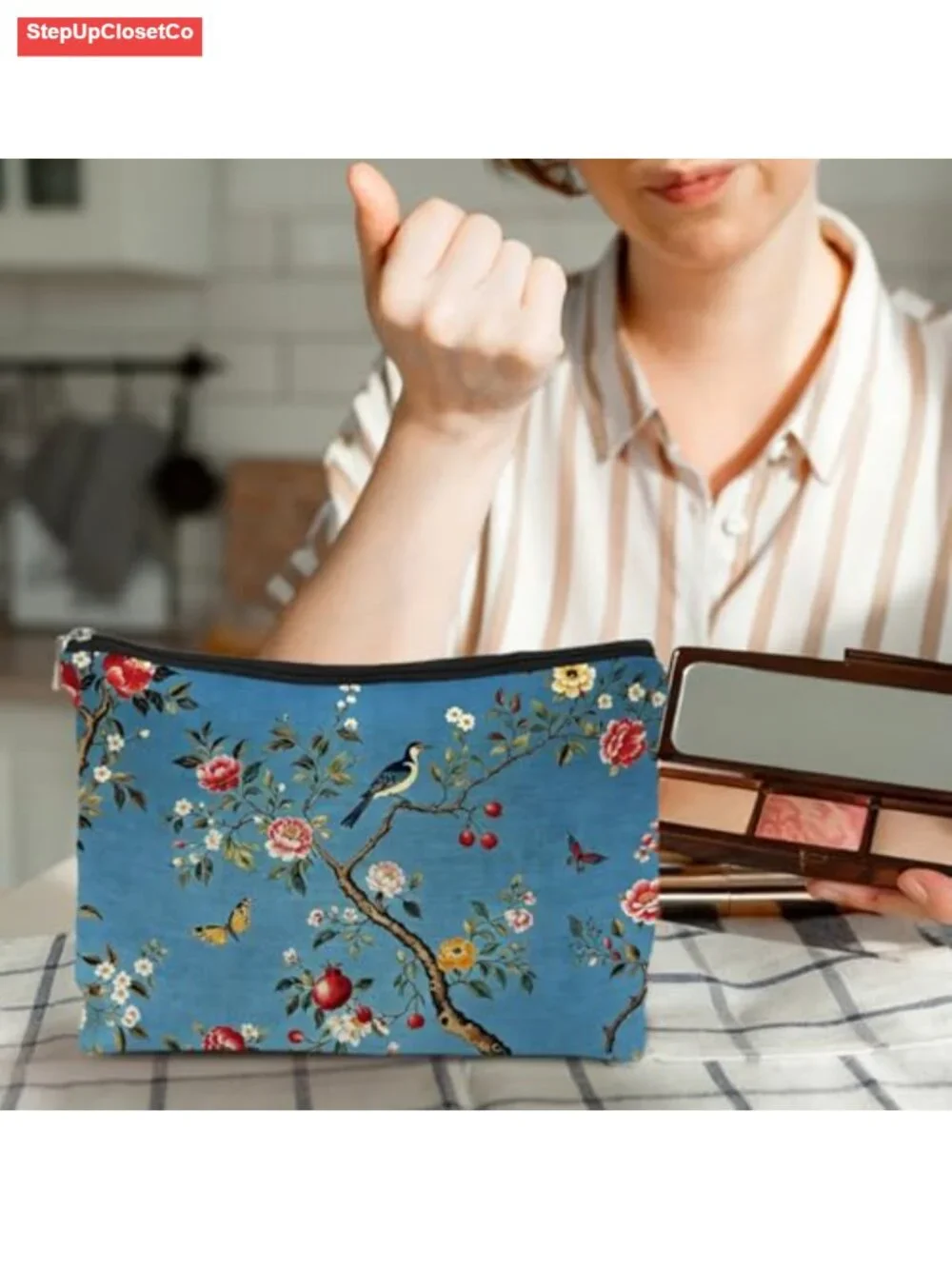 Vintage Chinoiserie Floral Makeup Bag Linen Travel Cosmetic Pouch
